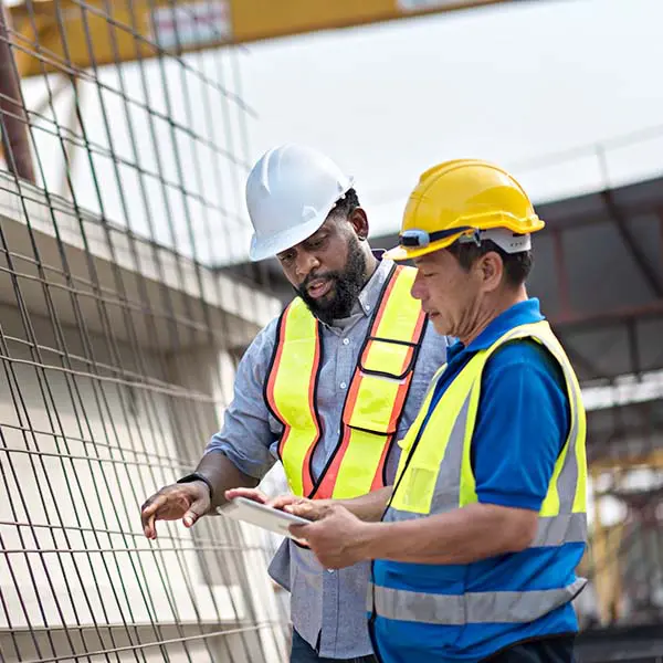 Two male construction workers on a job site looking at a tablet.