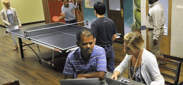 group of employees in break room