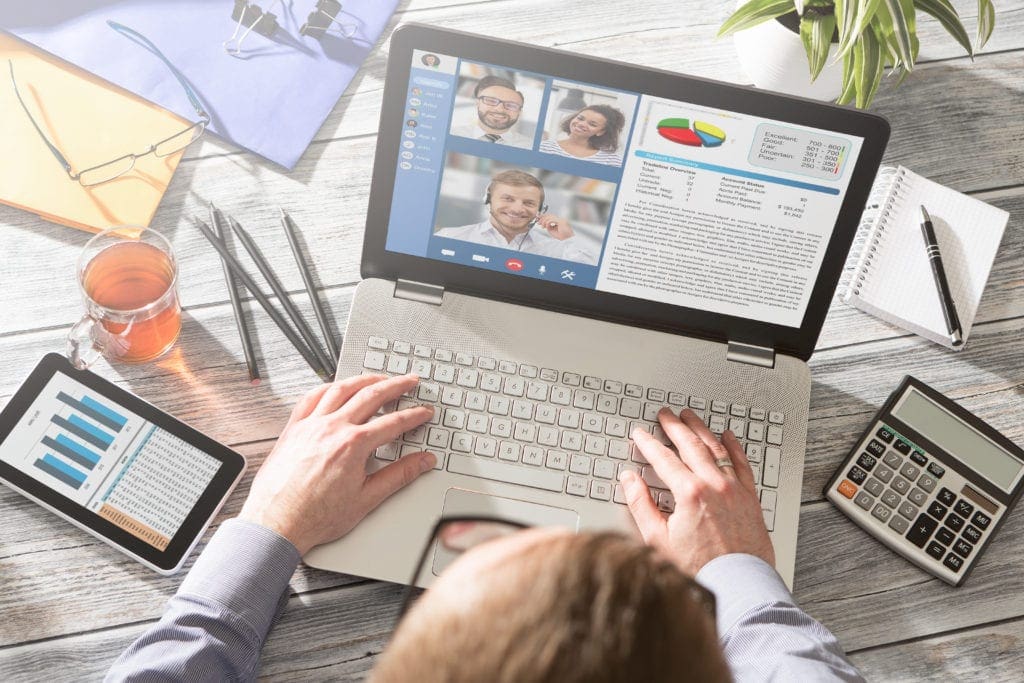 Virtual talking with friends, colleague and using video chat conference. Remote learning or work. Home quarantine or prevention of coronavirus infection (virus covid-19). Group of people smart working, used by AvidXcange for article about customer who used accounts payable automation to maintain business continuity during the COVID-19 pandemic