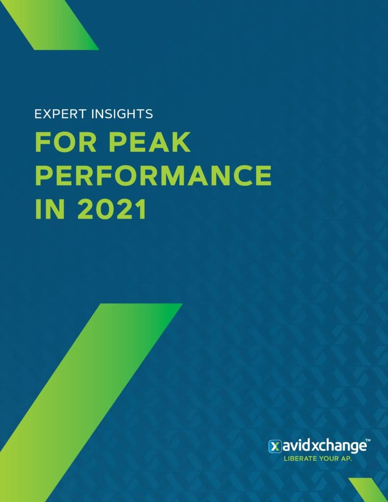 designed coverpage for AvidXchange e-book: "Expert Insights for Peak Performance in 2021"