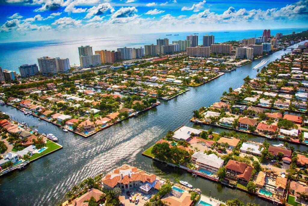The Intracoastal Waterway as it bisects a residential neighborhood in the Pompano Beach area of South Florida just north of Fort Lauderdale.