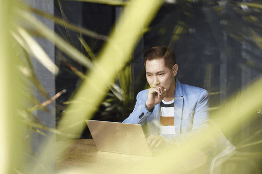 plant in foreground, man working at laptop in background