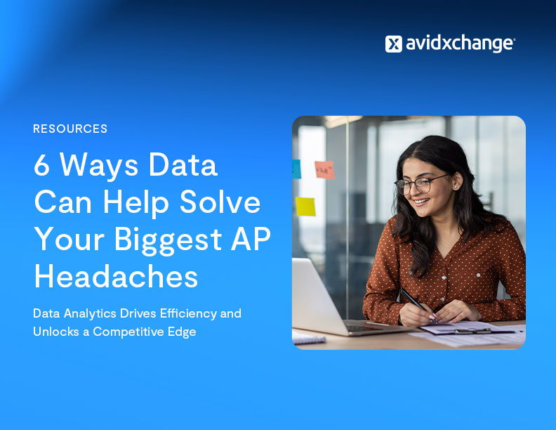 Infographic thumbnail featuring title, 6 Ways Data Can Help Solve Your Biggest AP Headaches, alongside a photo of a business woman working at a laptop