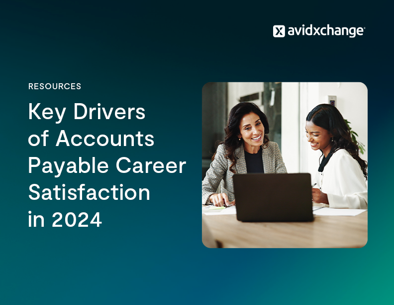 Infographic cover image featuring the title, Key Drivers of Accounts Payable Career Satisfaction in 2024, alongside a photo of two women working at a computer in an office