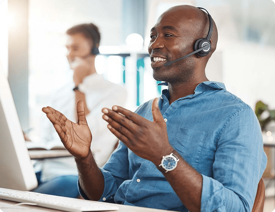 Support person speaking to a customer.