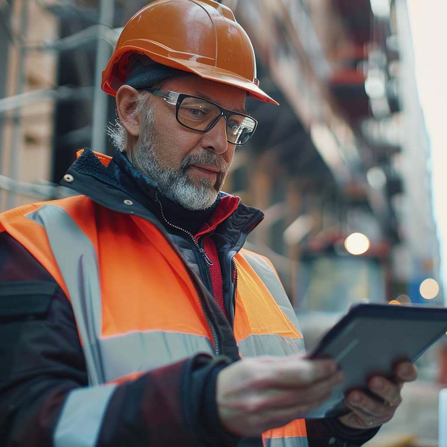 Construction foreman looking at data on a tablet.