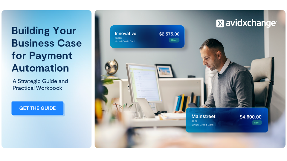 Promotional graphic for the eBook “Building Your Business Case for Payment Automation,” featuring a finance professional and digital payment notifications.